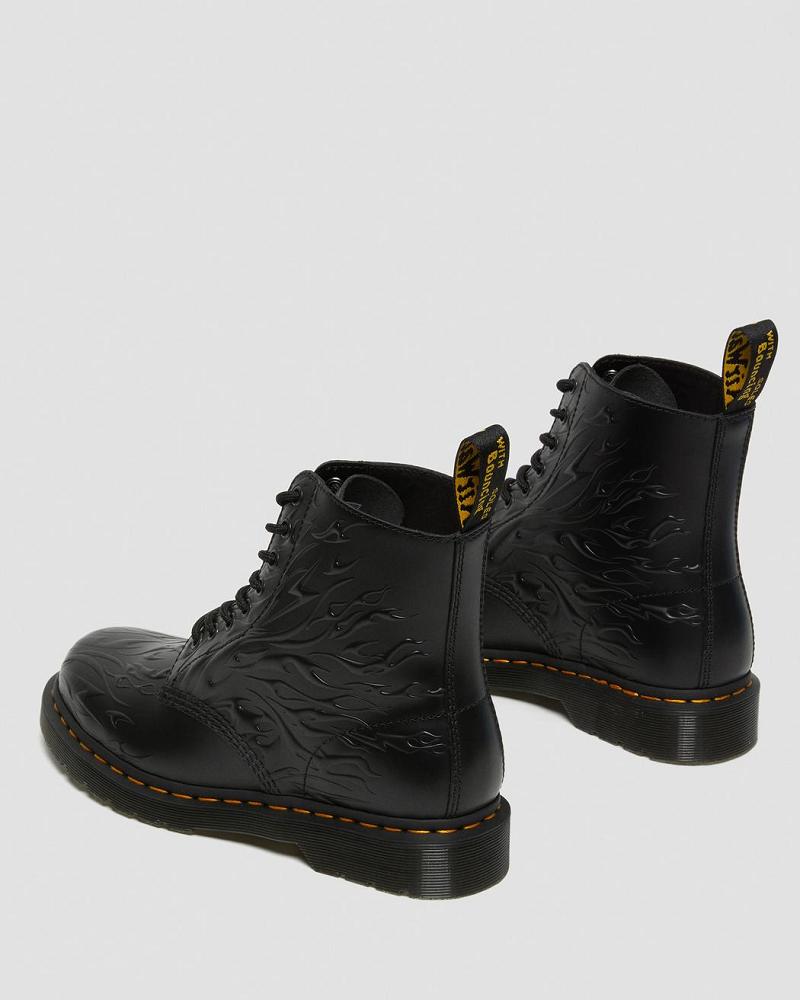 Black Men's Dr Martens 1460 Flames Emboss Leather Lace Up Boots | CA 509BEX